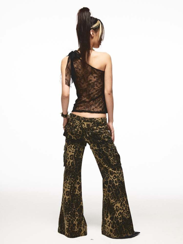 Back Flower Stitched Lace One-Shoulder Print Tops [S0000009011] - view 8