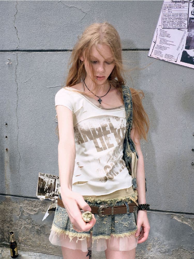 "CROOKED" Raw Edge Graffiti T-Shirt [S0000009366] - view 2