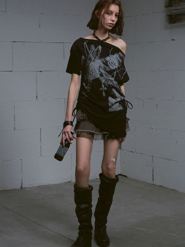 Oversize Diagonal Drawstring T-shirt - view 6
