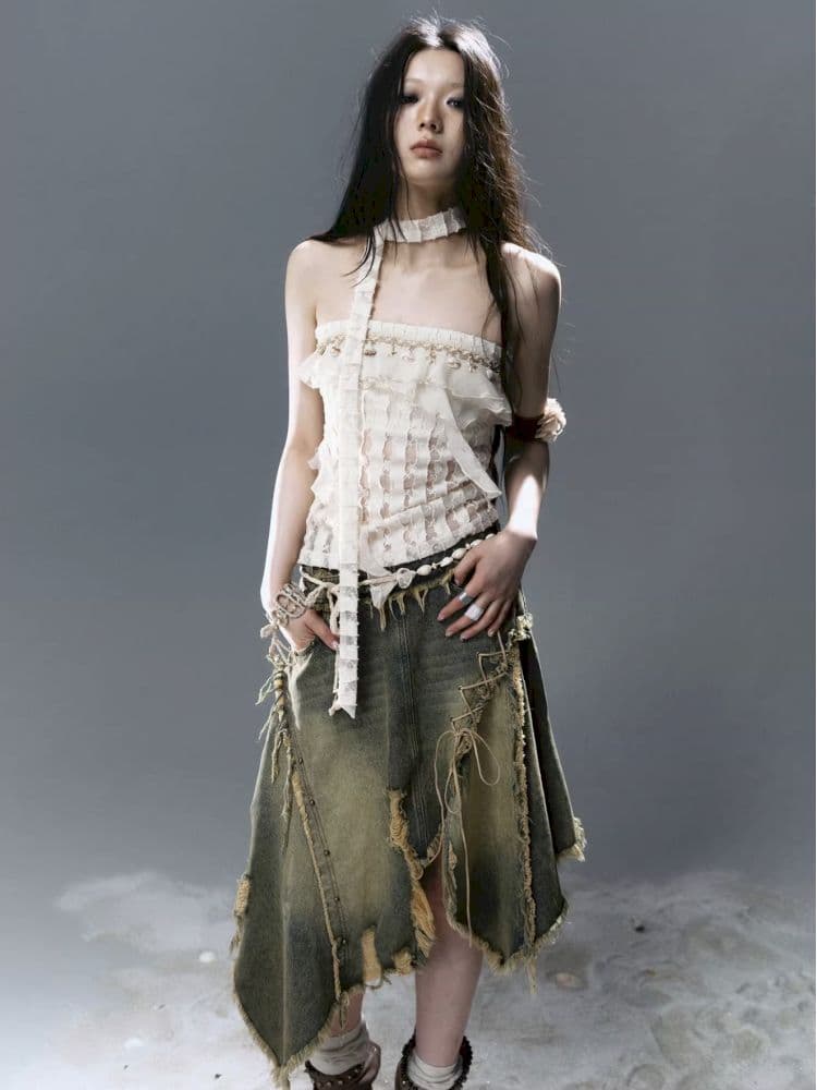 Raw edge denim skirt - view 1