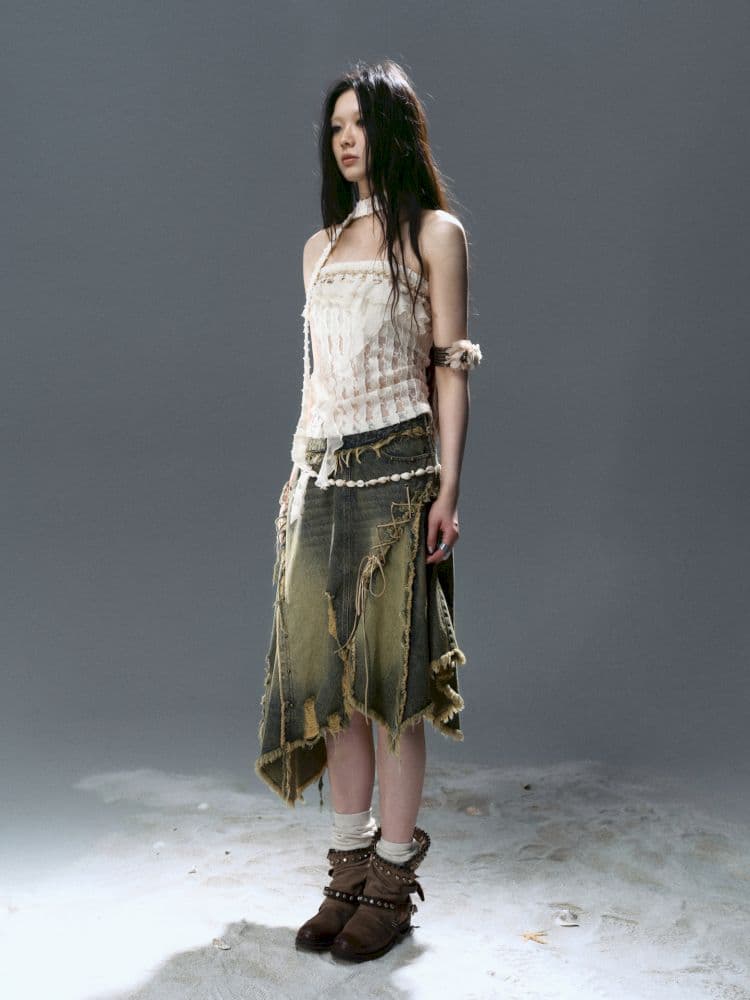 Raw edge denim skirt - view 3