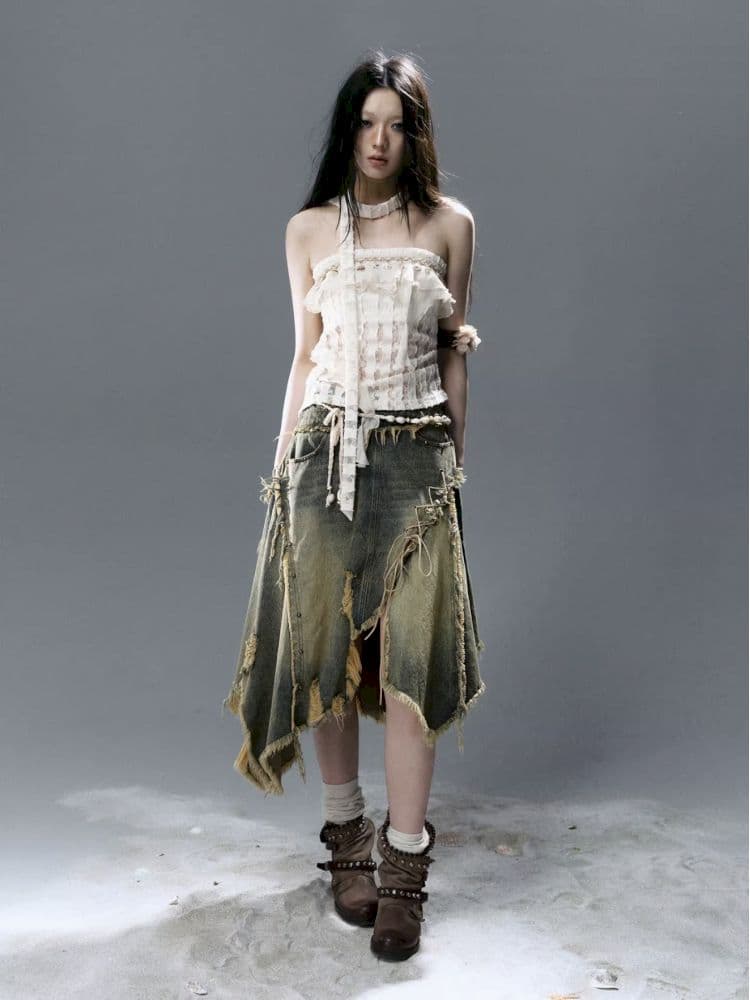 Raw edge denim skirt - view 7