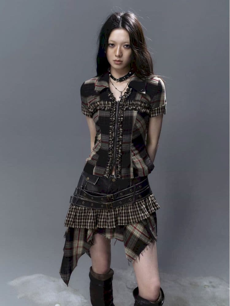 Irregular Hem Plaid Halter Skirt - view 1