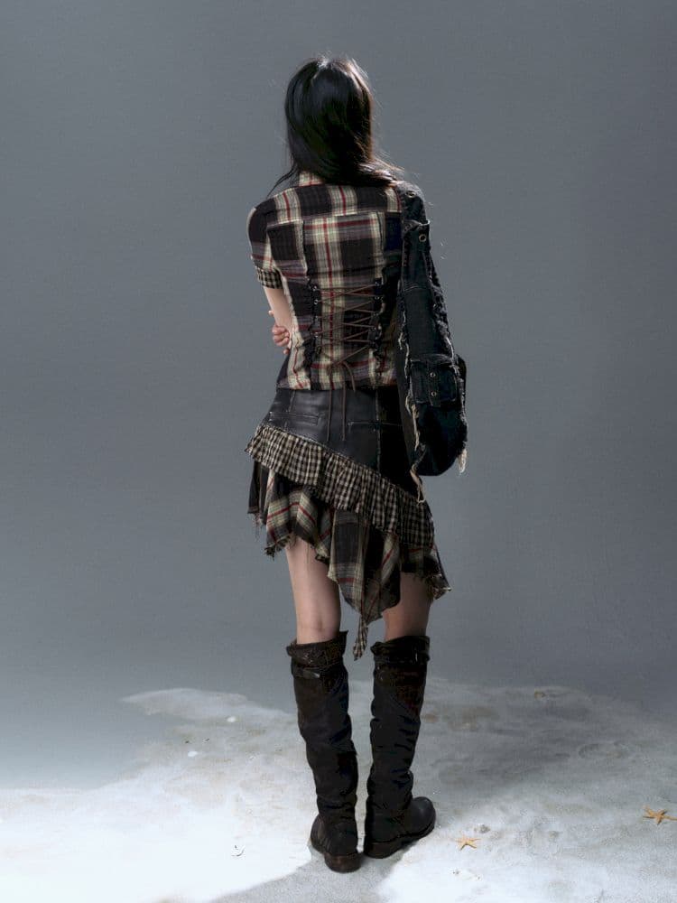 Irregular Hem Plaid Halter Skirt - view 3