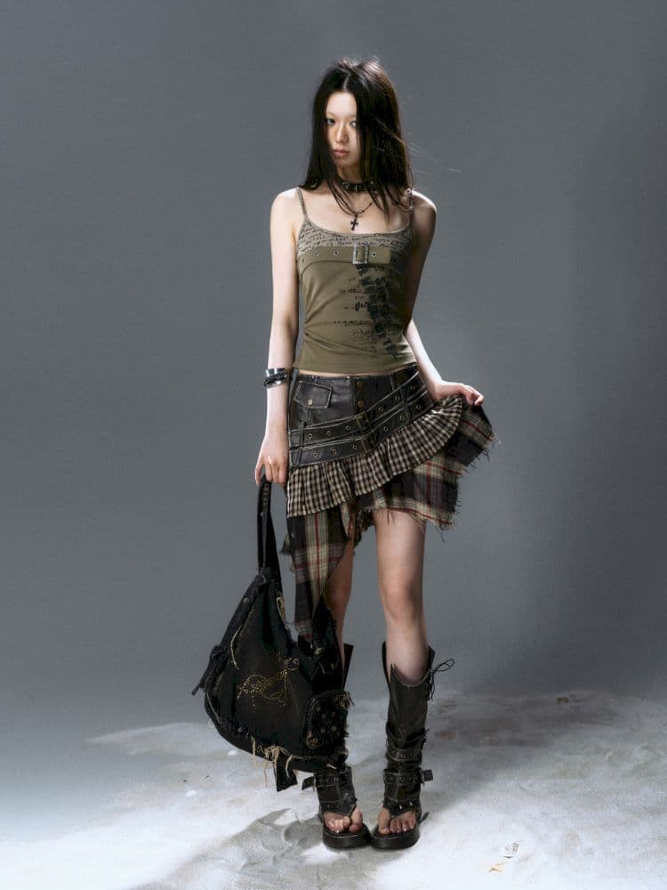 Irregular Hem Plaid Halter Skirt - view 4