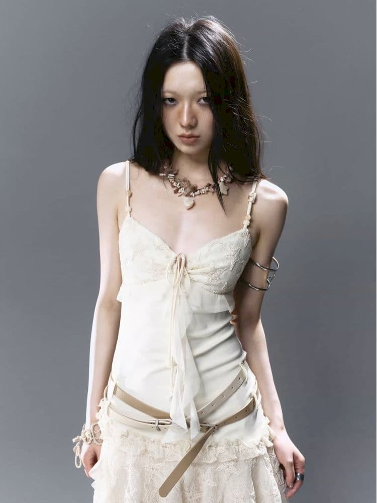Tie Belt Splicing Mesh Suspender Skirt - view 1