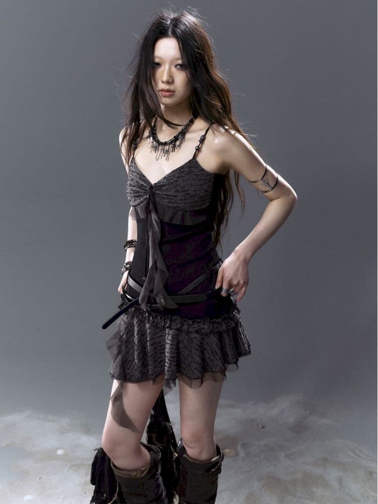 Tie Belt Splicing Mesh Suspender Skirt - view 2