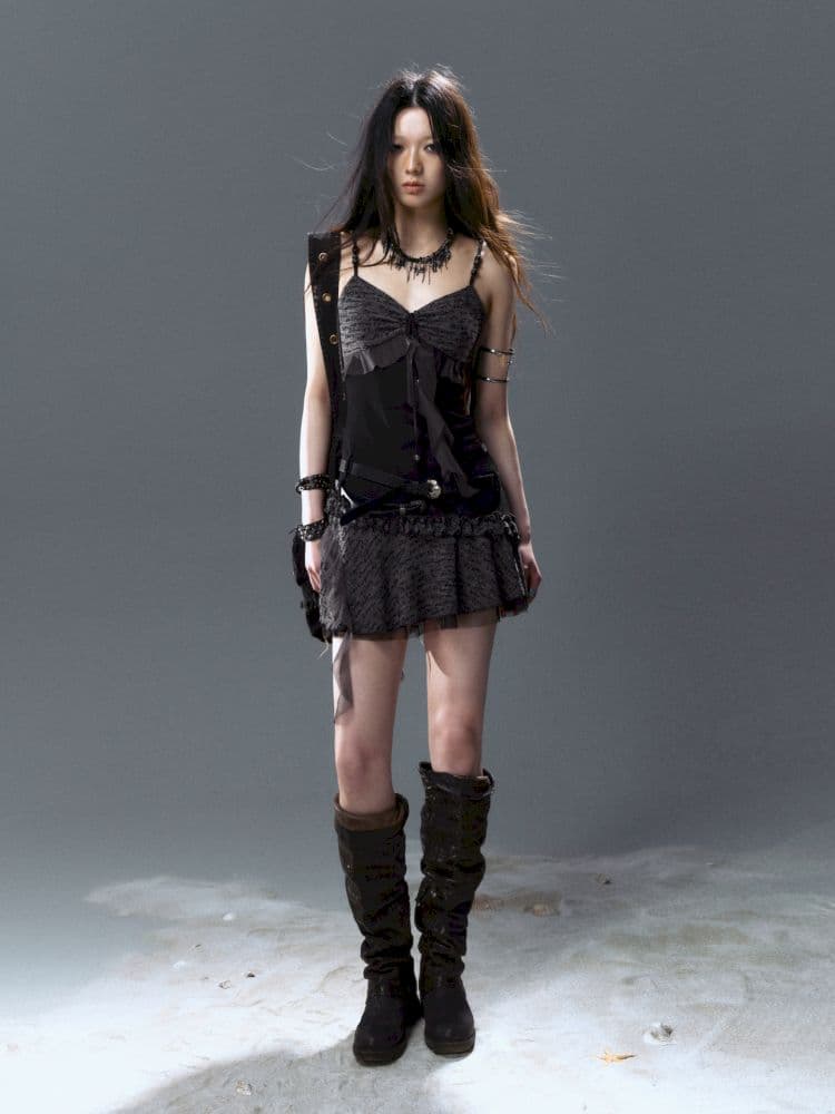 Tie Belt Splicing Mesh Suspender Skirt - view 3