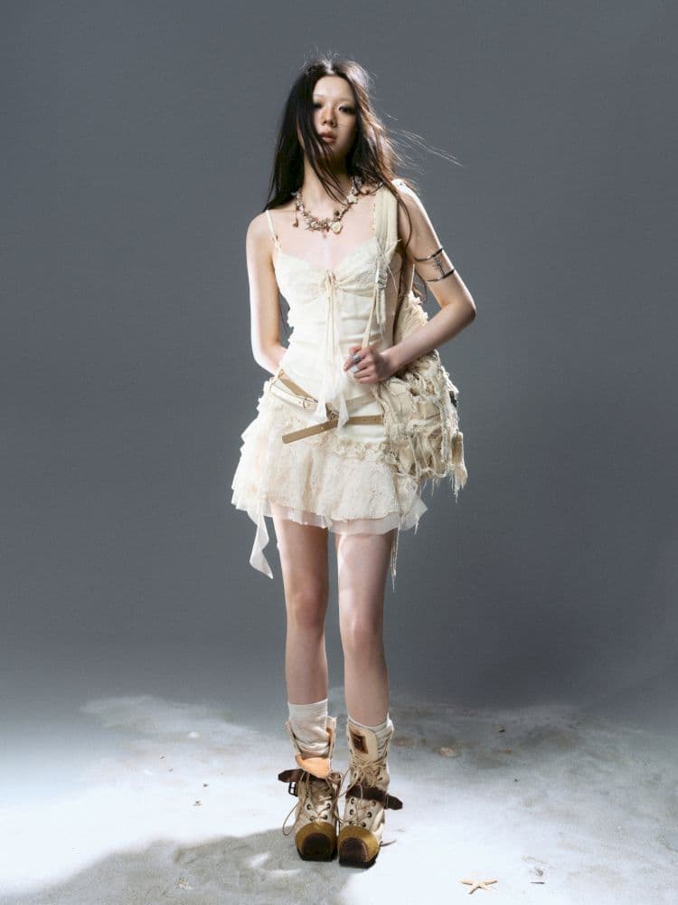 Tie Belt Splicing Mesh Suspender Skirt - view 4
