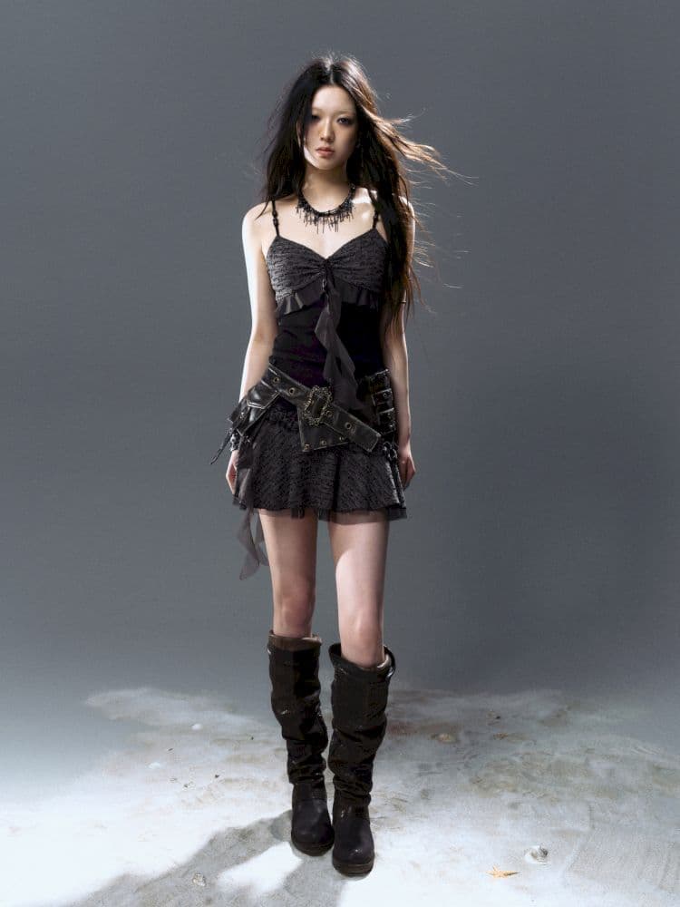 Tie Belt Splicing Mesh Suspender Skirt - view 5