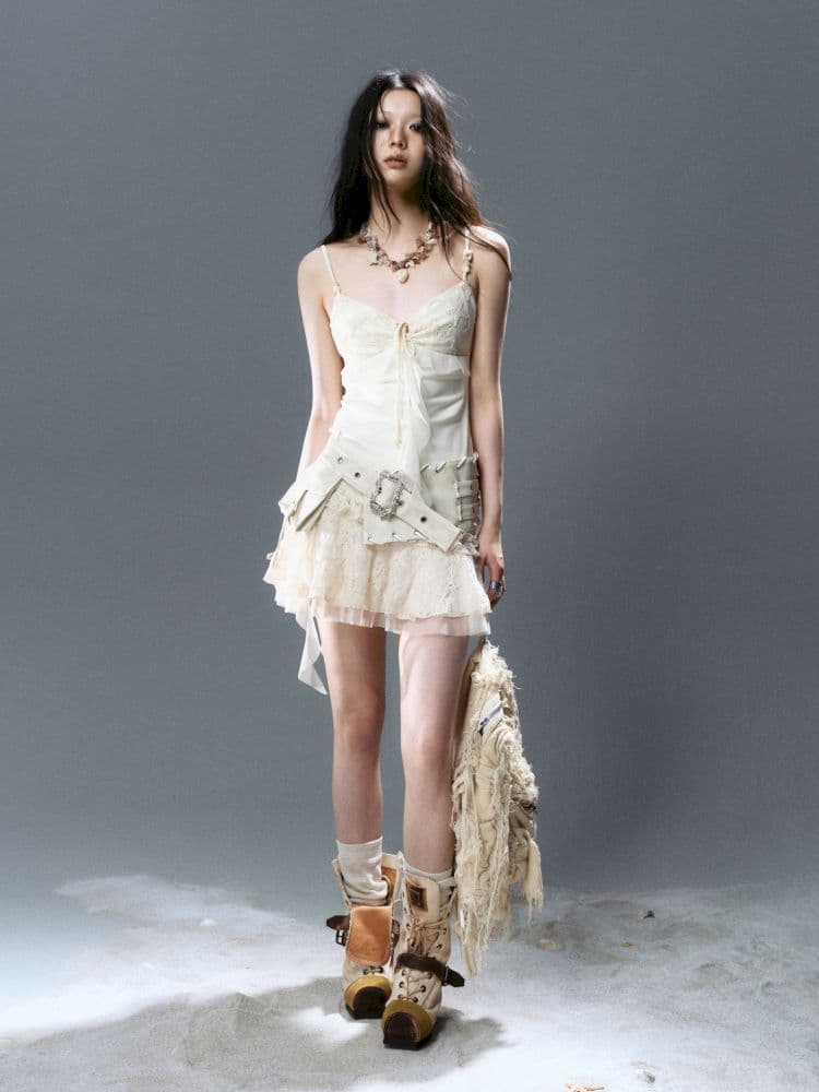 Tie Belt Splicing Mesh Suspender Skirt - view 6