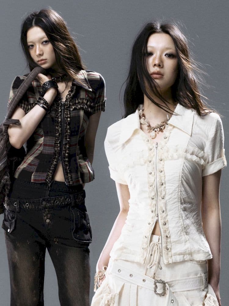 Pleated Lace Short Sleeve Shirt - view 1