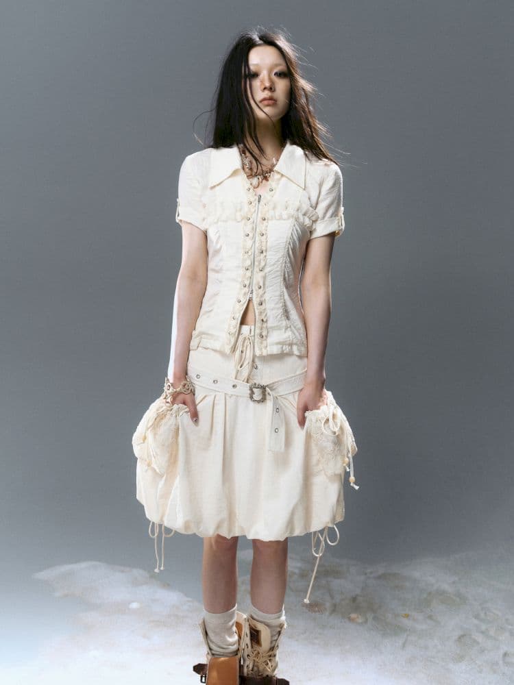 Pleated Lace Short Sleeve Shirt - view 3