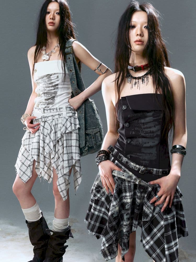 Asymmetrical patchwork plaid strapless dress - view 1