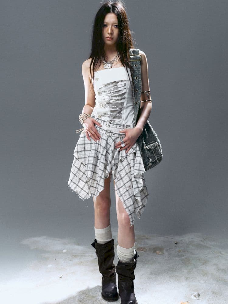 Asymmetrical patchwork plaid strapless dress - view 2