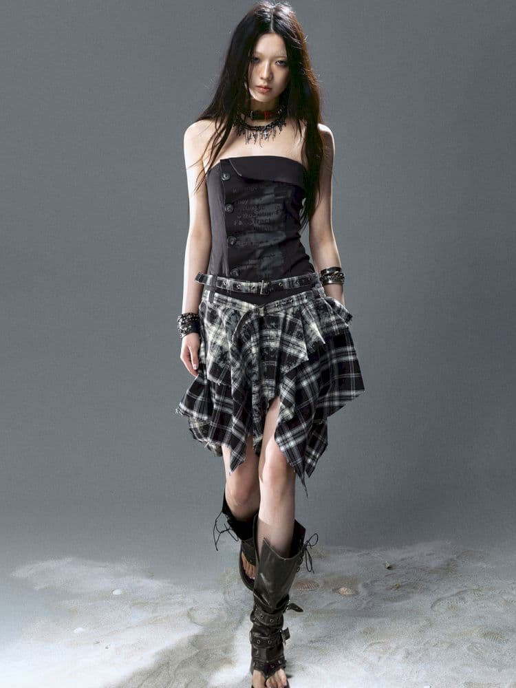 Asymmetrical patchwork plaid strapless dress - view 3