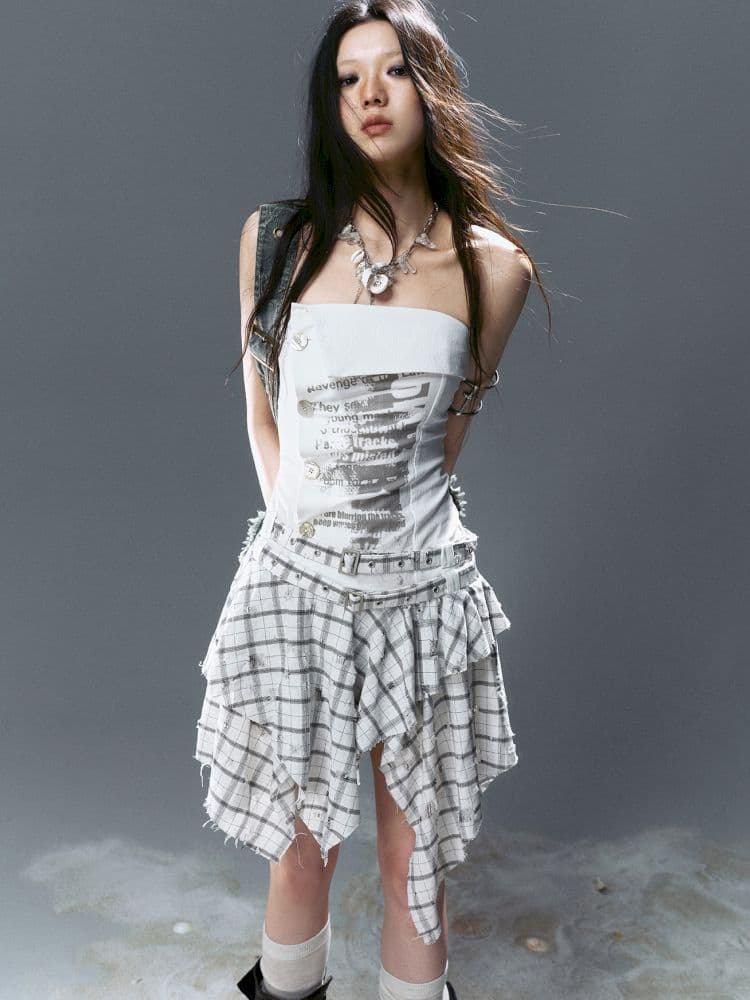 Asymmetrical patchwork plaid strapless dress - view 4