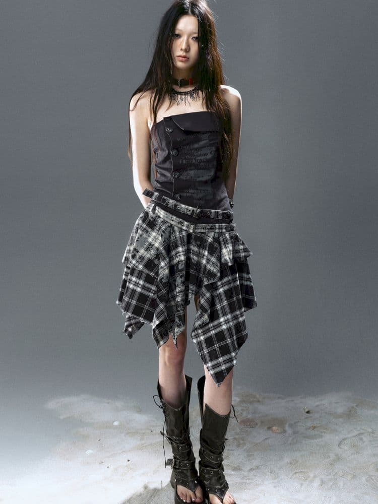 Asymmetrical patchwork plaid strapless dress - view 5