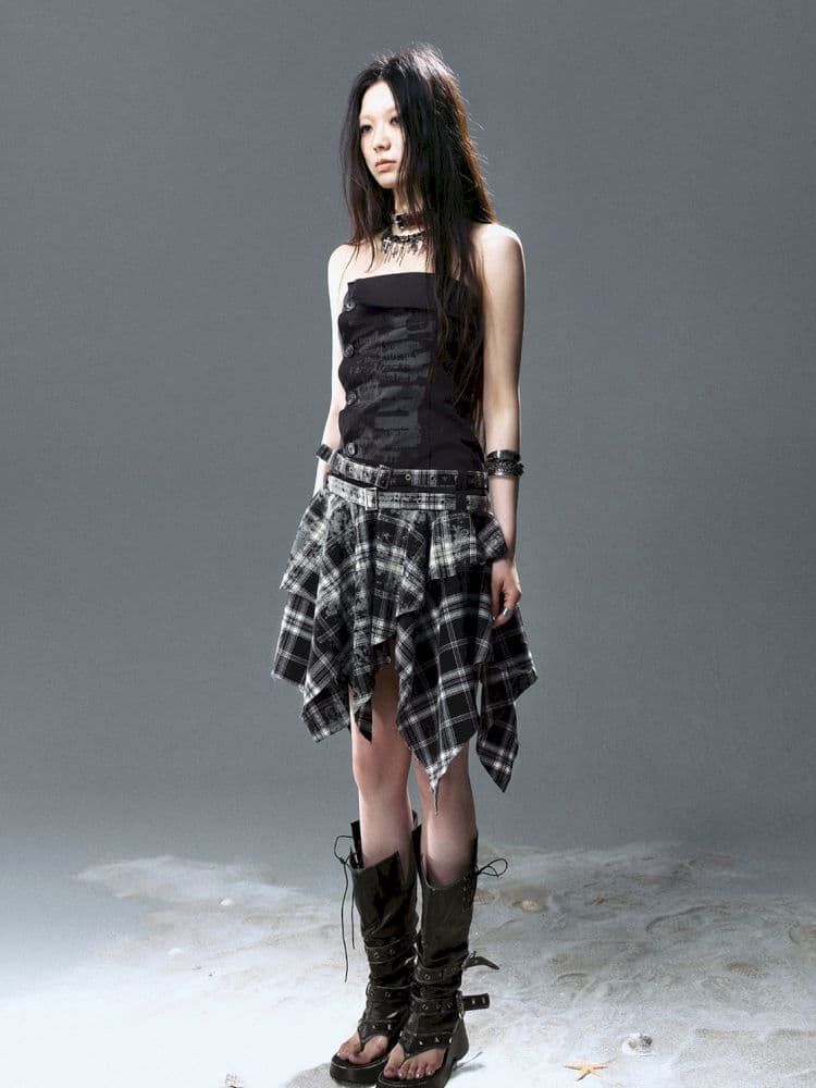 Asymmetrical patchwork plaid strapless dress - view 6