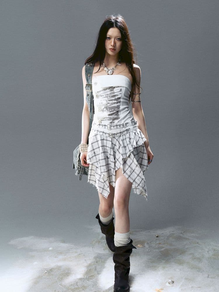 Asymmetrical patchwork plaid strapless dress - view 8