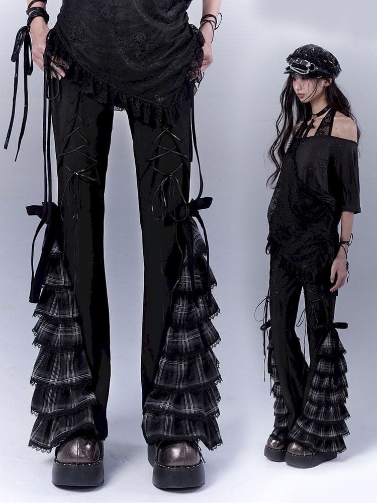Tie-up cake lace slimming casual pants - view 1