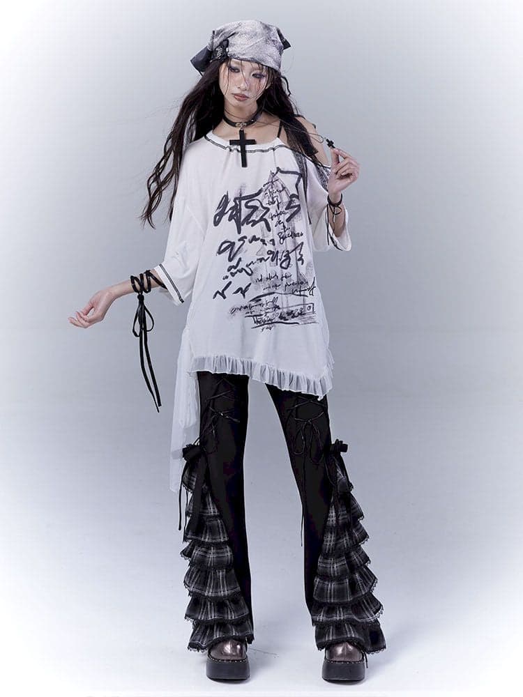 Tie-up cake lace slimming casual pants - view 2