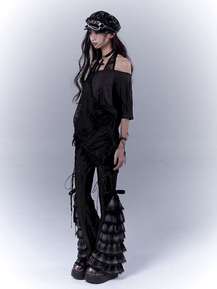Tie-up cake lace slimming casual pants - view 3