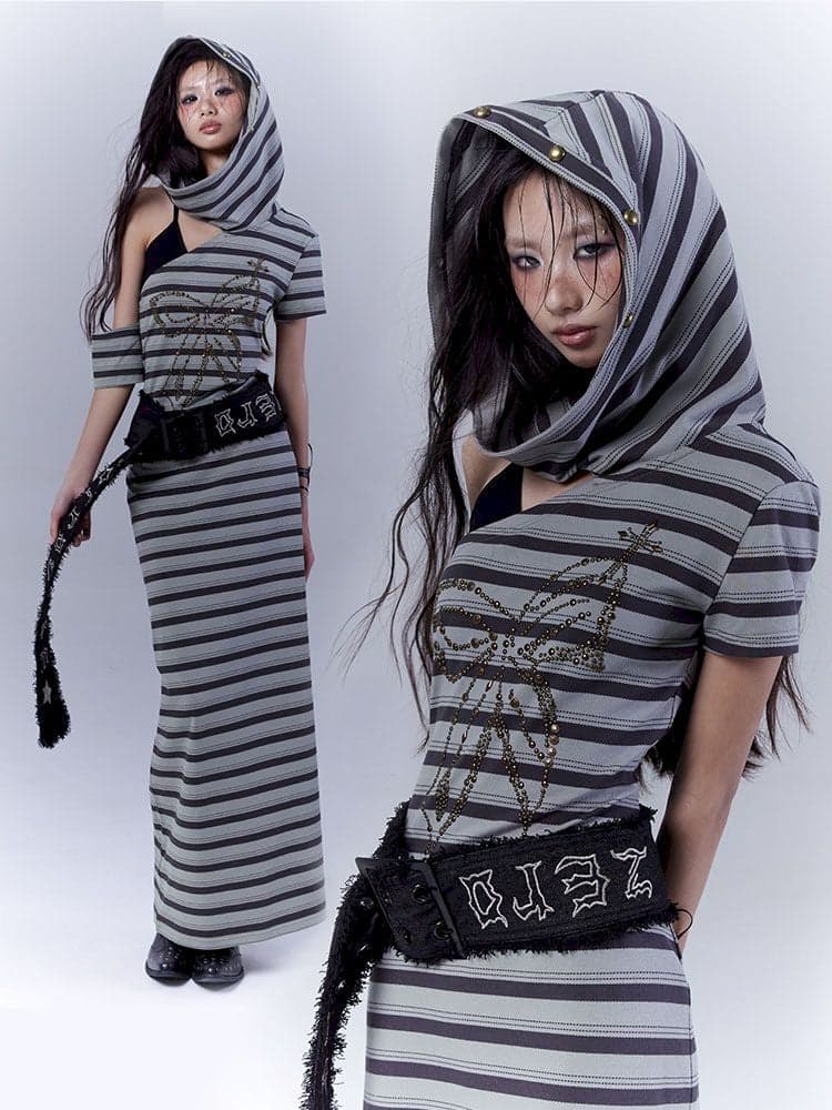 Striped long wasteland punk slim-fit dress - view 1