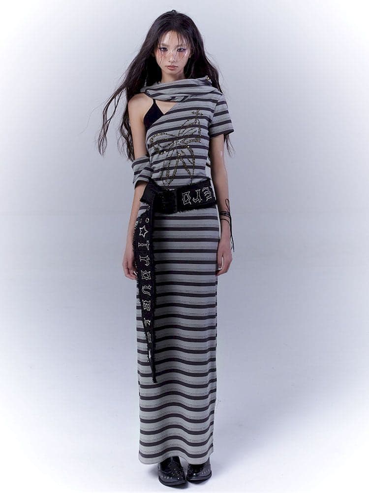 Striped long wasteland punk slim-fit dress - view 2