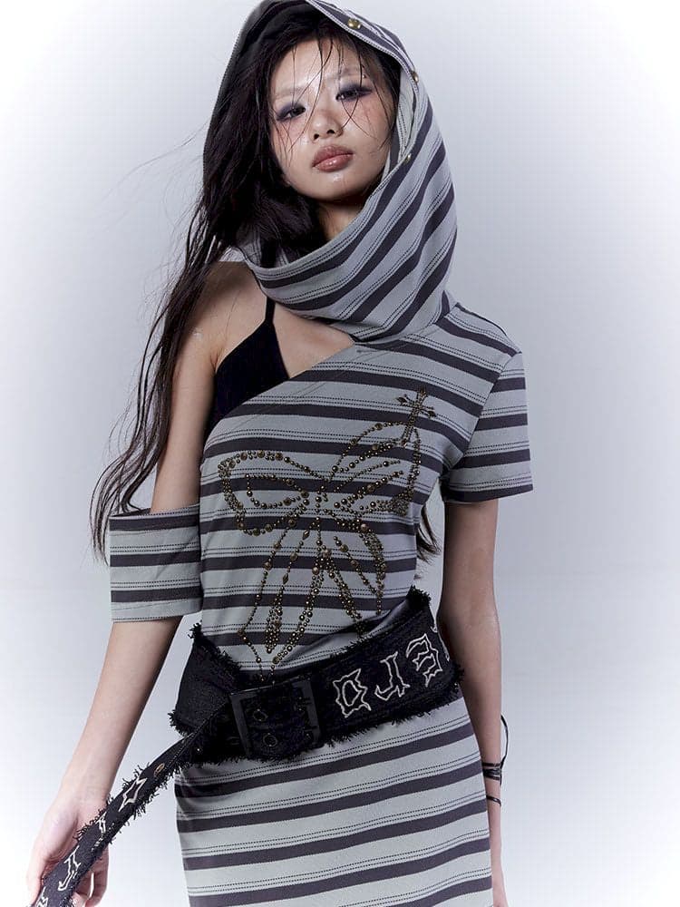 Striped long wasteland punk slim-fit dress - view 3