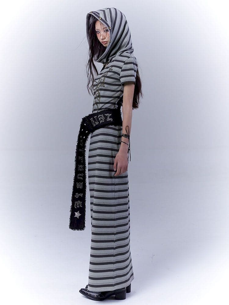 Striped long wasteland punk slim-fit dress - view 4
