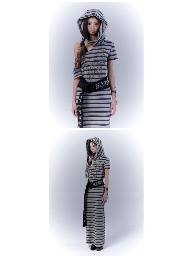 Striped long wasteland punk slim-fit dress - view 5
