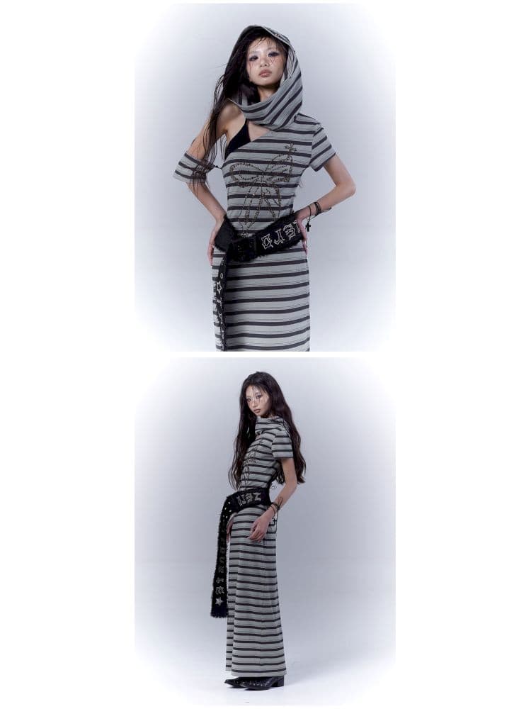 Striped long wasteland punk slim-fit dress - view 6