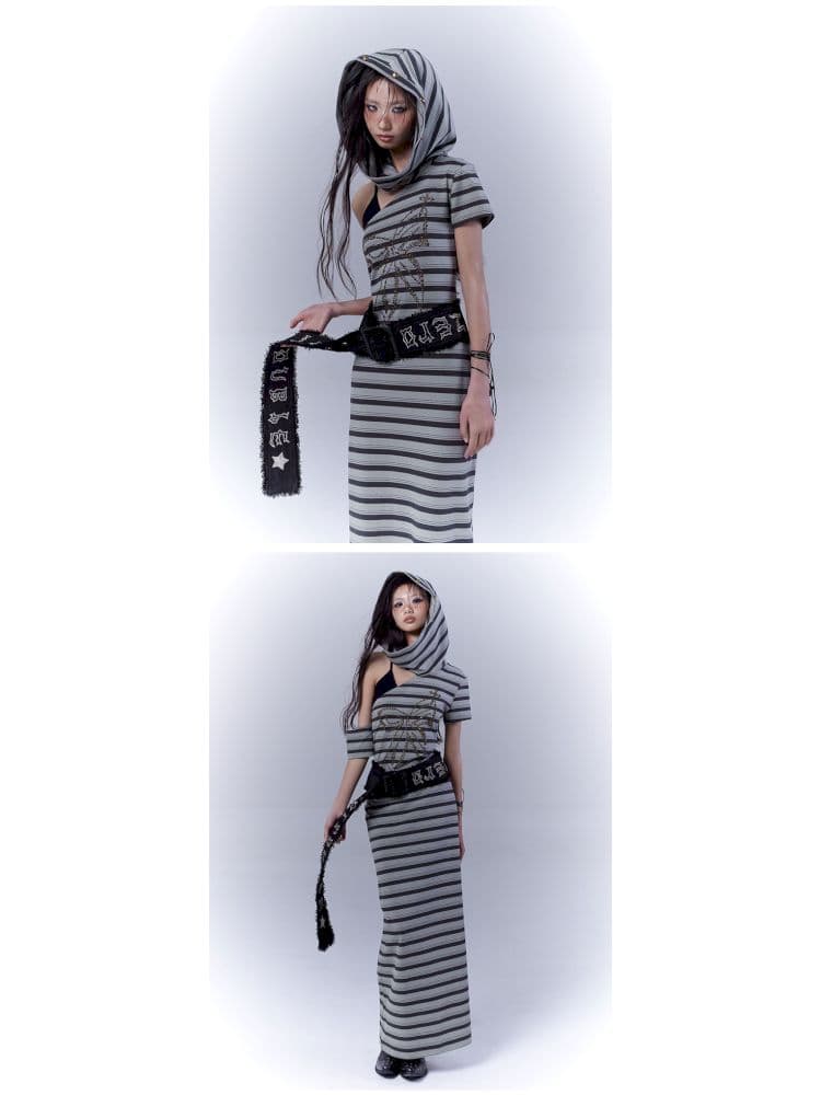 Striped long wasteland punk slim-fit dress - view 7