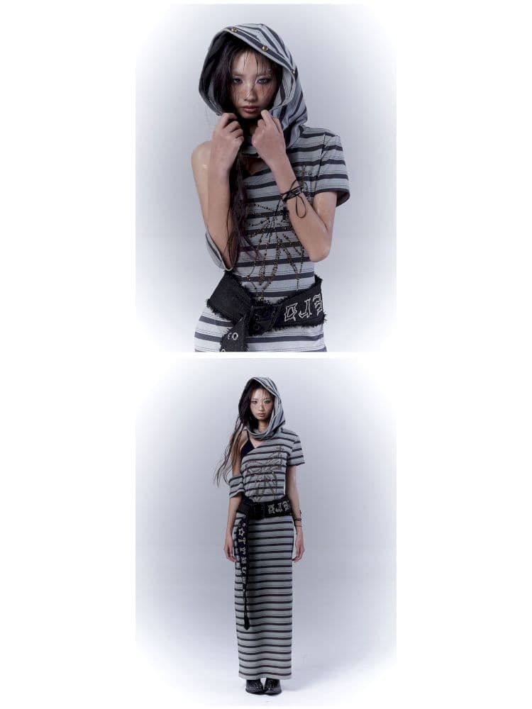 Striped long wasteland punk slim-fit dress - view 8