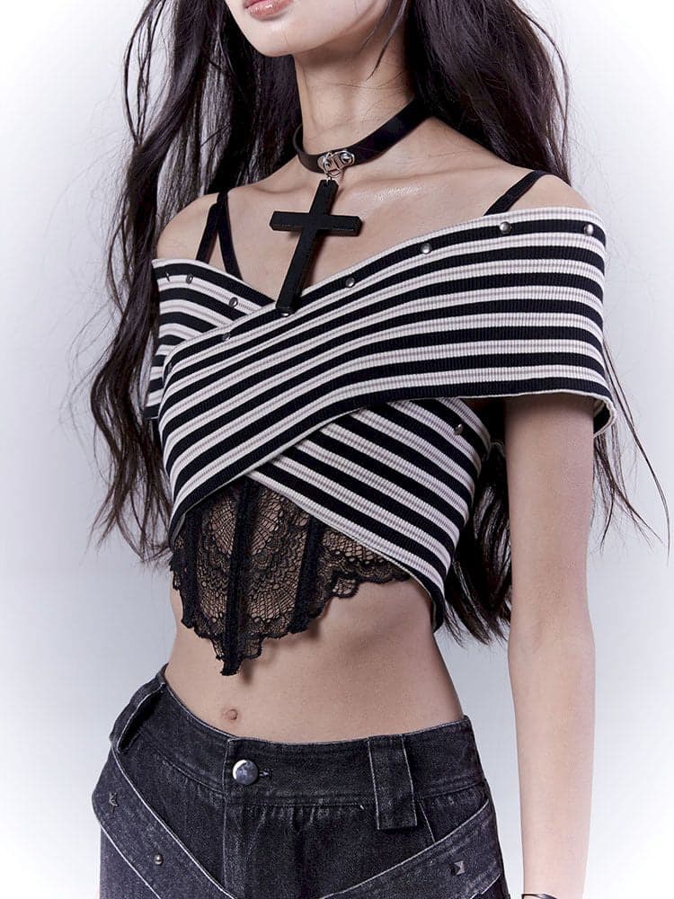 One-shoulder striped hot bustier top - view 1