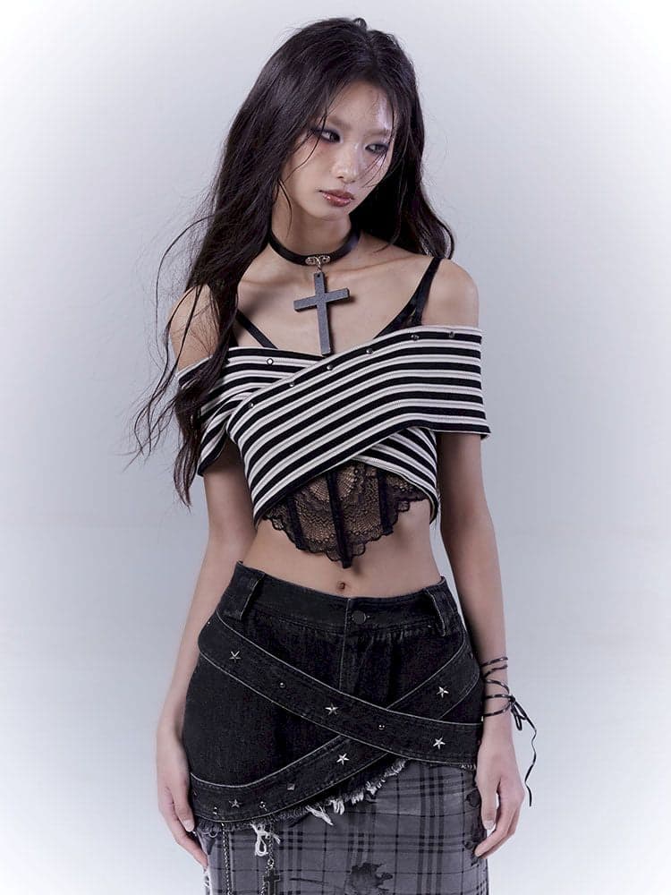 One-shoulder striped hot bustier top - view 3