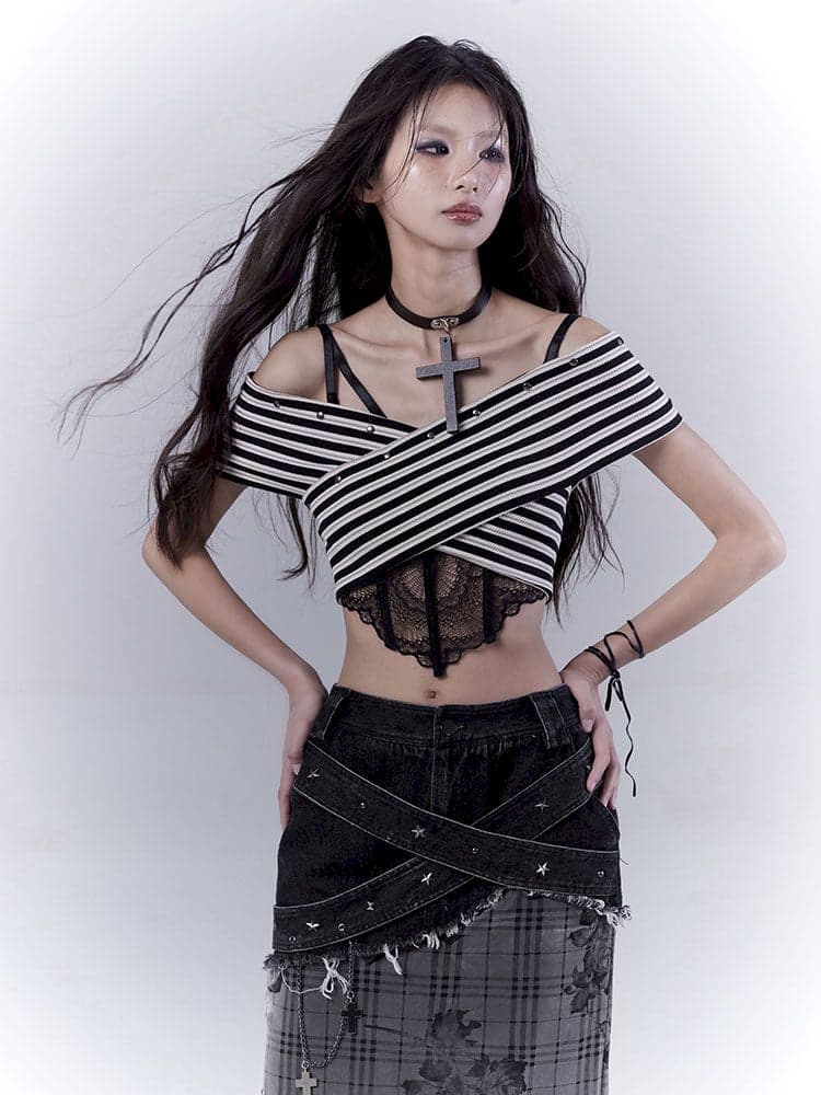 One-shoulder striped hot bustier top - view 4