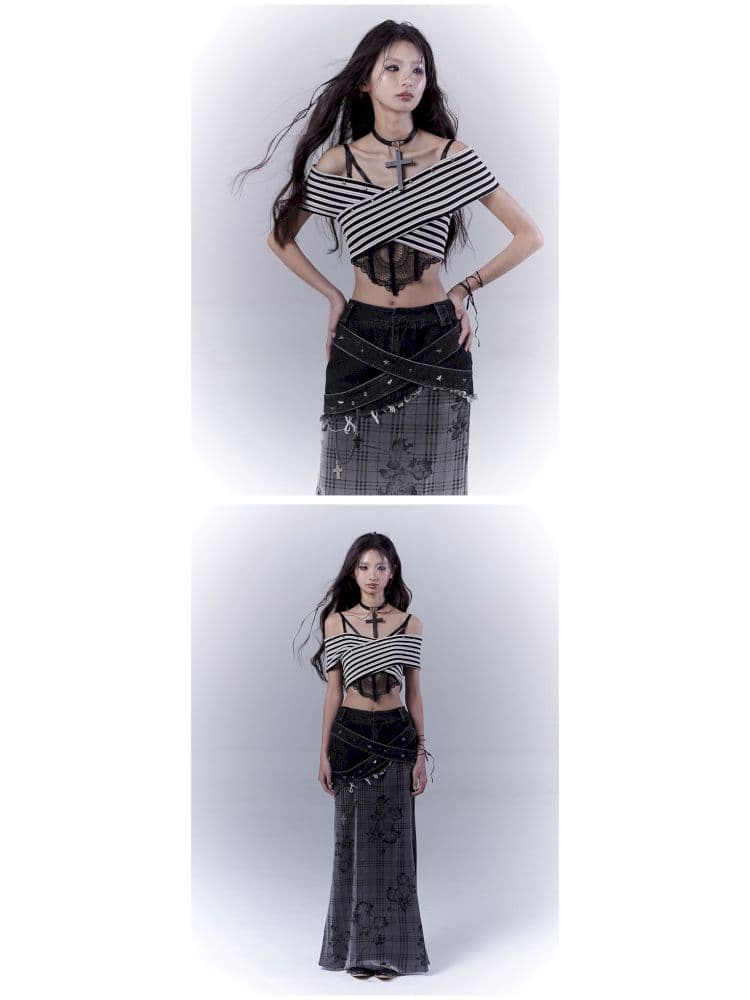 One-shoulder striped hot bustier top - view 7