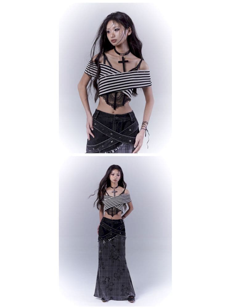 One-shoulder striped hot bustier top - view 8