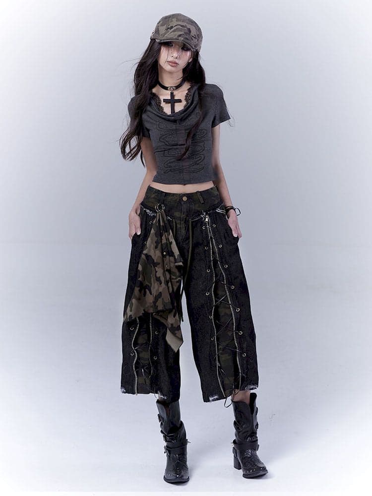 Camouflage distressed lace-up cropped jeans - view 2