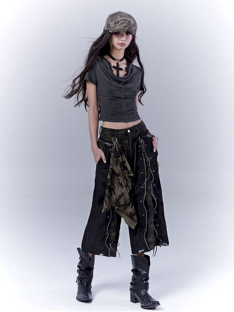 Camouflage distressed lace-up cropped jeans - view 3
