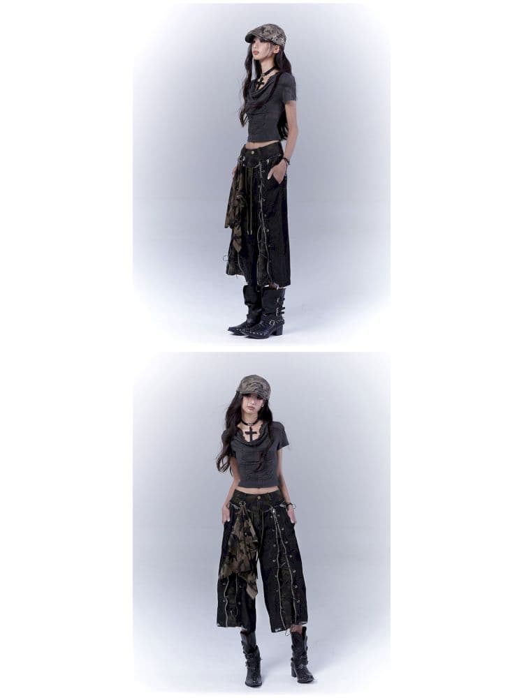 Camouflage distressed lace-up cropped jeans - view 5