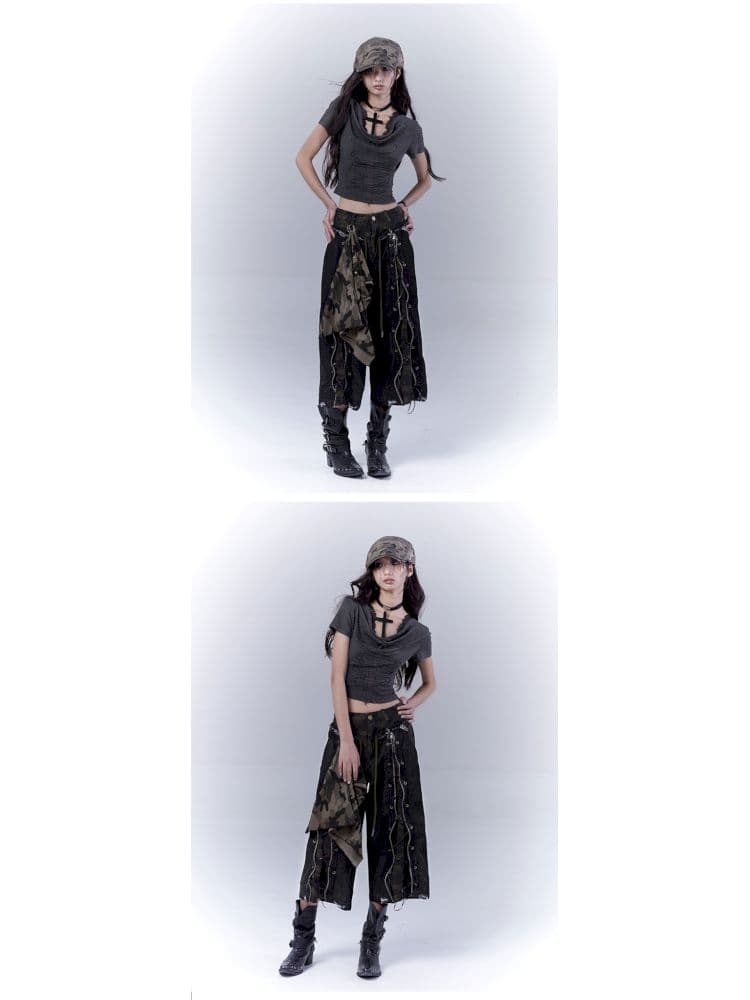 Camouflage distressed lace-up cropped jeans - view 6
