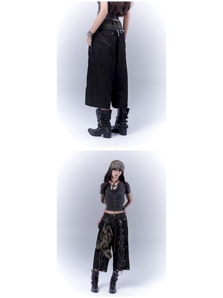Camouflage distressed lace-up cropped jeans - view 7