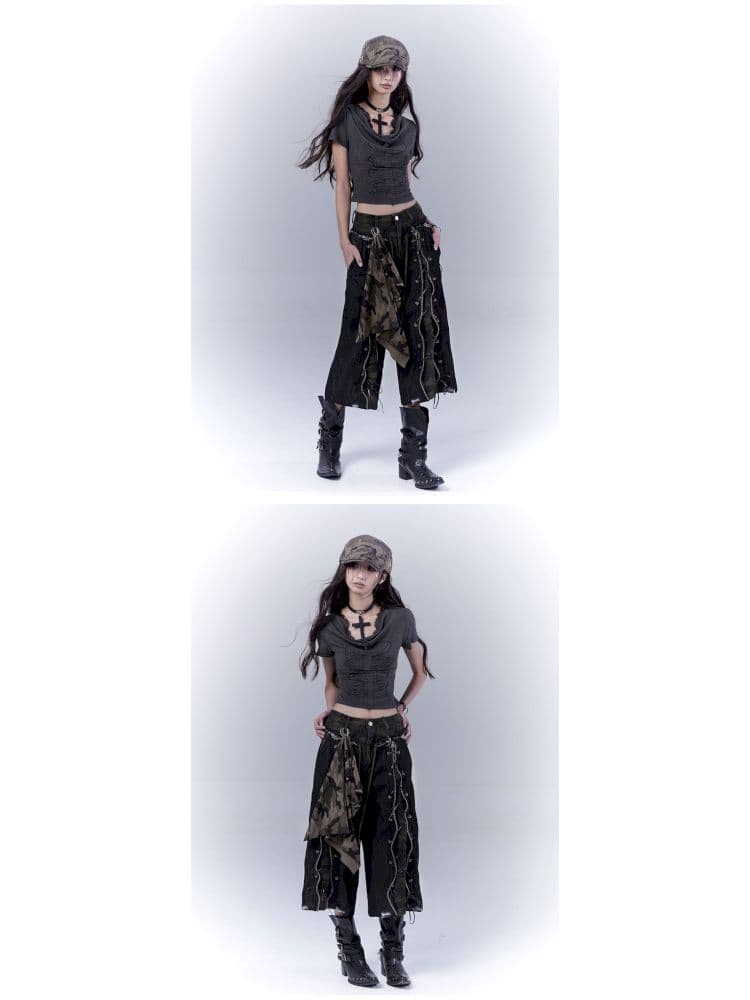Camouflage distressed lace-up cropped jeans - view 8