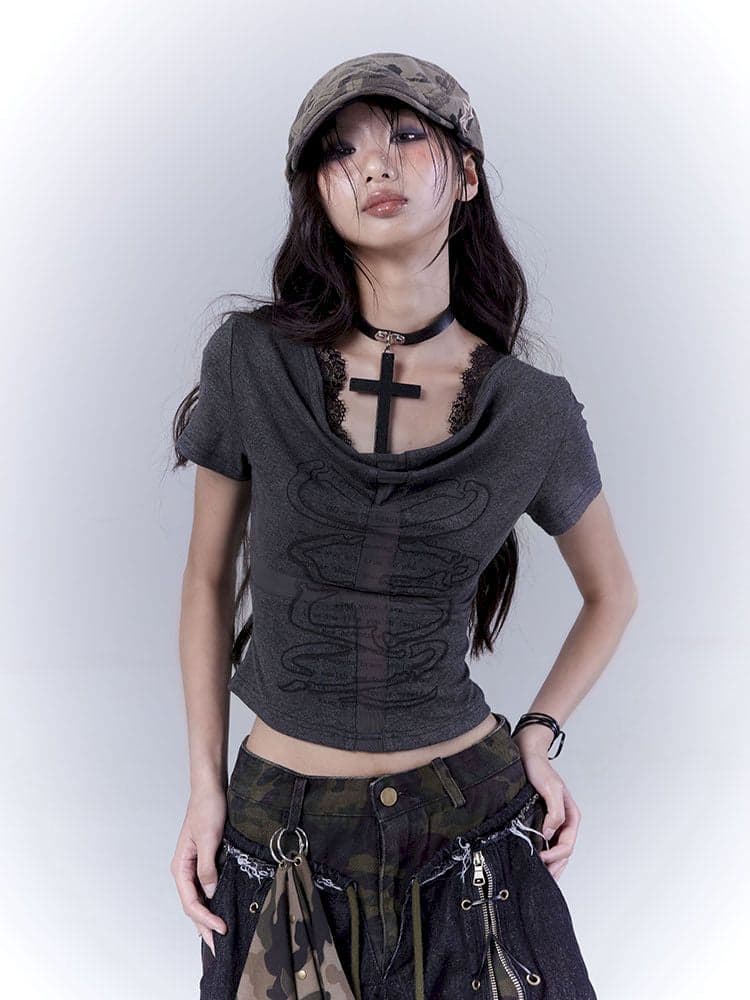 Openwork cross print lace T-shirt - view 1