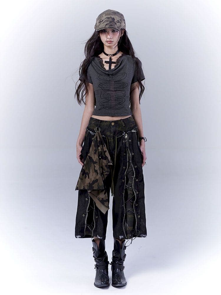 Openwork cross print lace T-shirt - view 2
