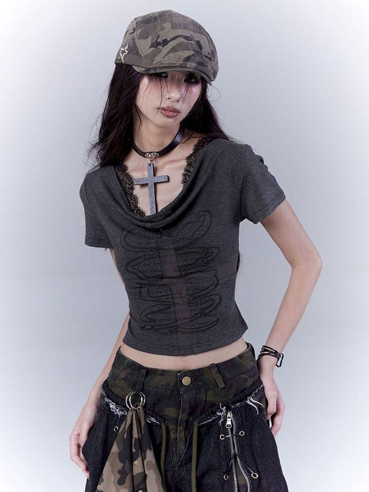 Openwork cross print lace T-shirt - view 3