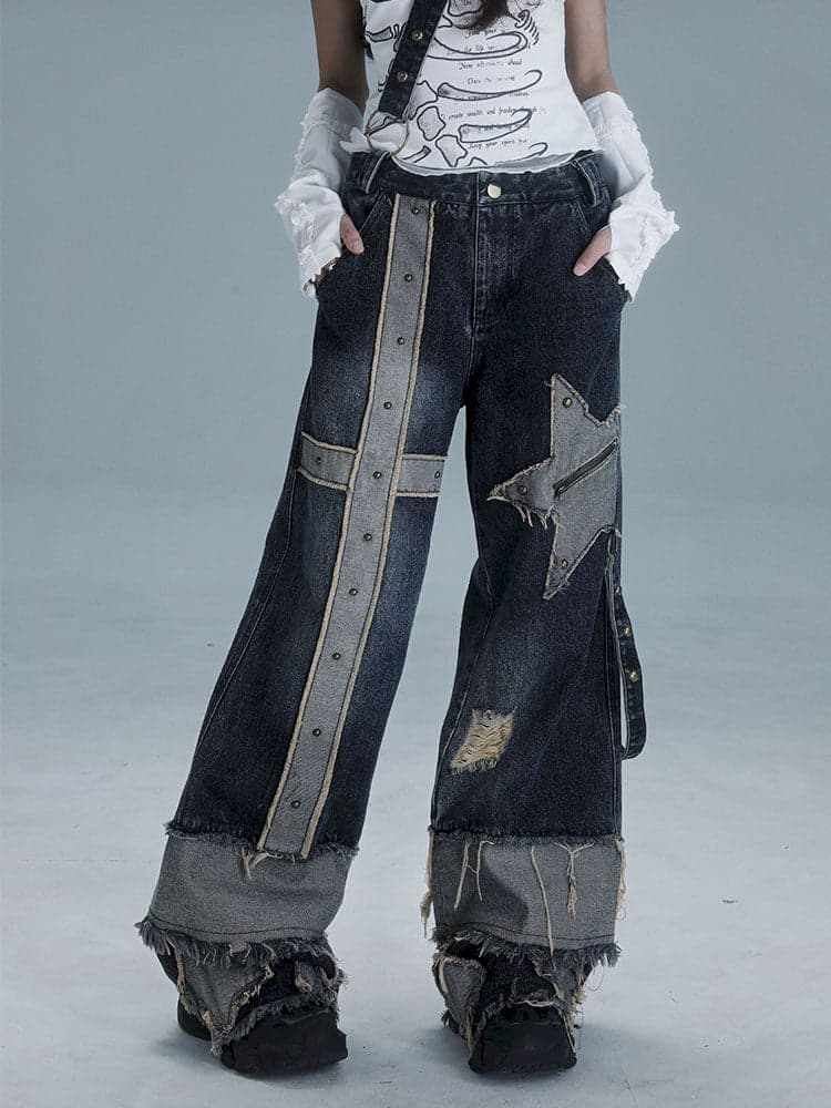 Raw edge studded casual denim pants - view 1